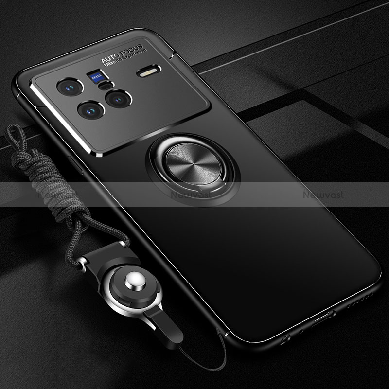 Ultra-thin Silicone Gel Soft Case Cover with Magnetic Finger Ring Stand SD3 for Vivo X80 5G Black