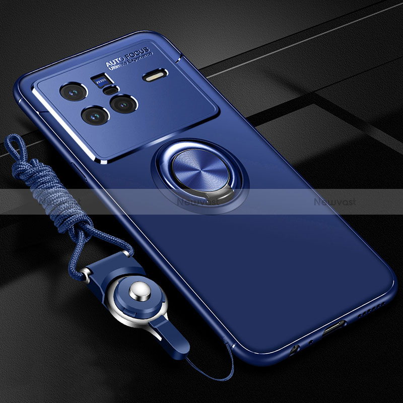 Ultra-thin Silicone Gel Soft Case Cover with Magnetic Finger Ring Stand SD3 for Vivo X80 5G Blue