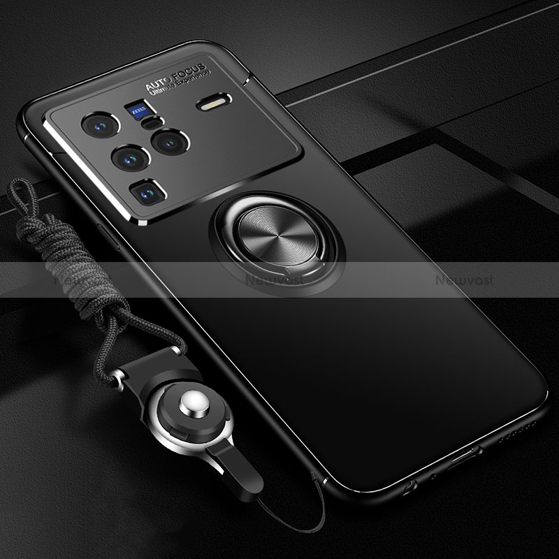 Ultra-thin Silicone Gel Soft Case Cover with Magnetic Finger Ring Stand SD3 for Vivo X80 Pro 5G Black