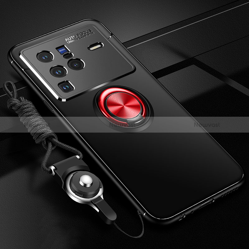 Ultra-thin Silicone Gel Soft Case Cover with Magnetic Finger Ring Stand SD3 for Vivo X80 Pro 5G Red and Black