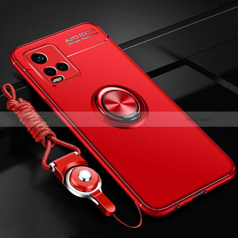 Ultra-thin Silicone Gel Soft Case Cover with Magnetic Finger Ring Stand SD3 for Vivo Y21 Red