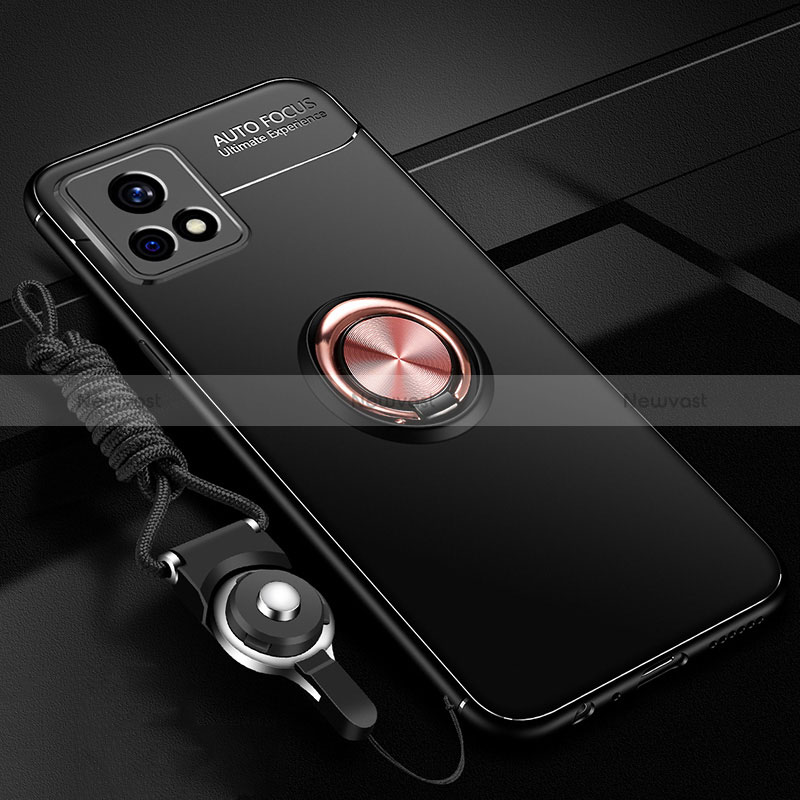 Ultra-thin Silicone Gel Soft Case Cover with Magnetic Finger Ring Stand SD3 for Vivo Y31s 5G Gold and Black