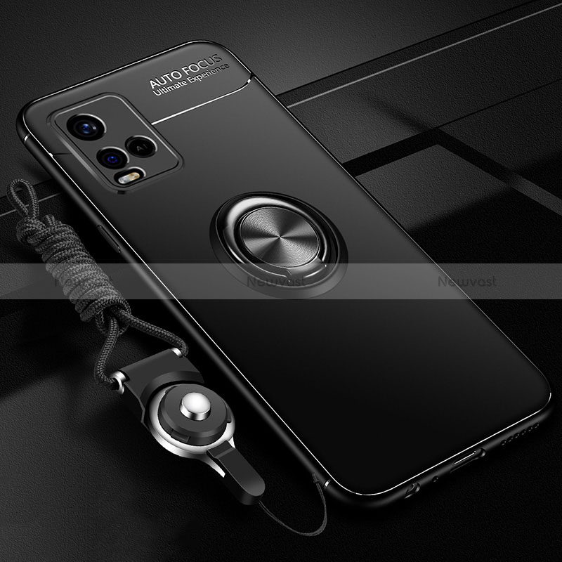 Ultra-thin Silicone Gel Soft Case Cover with Magnetic Finger Ring Stand SD3 for Vivo Y32 4G Black