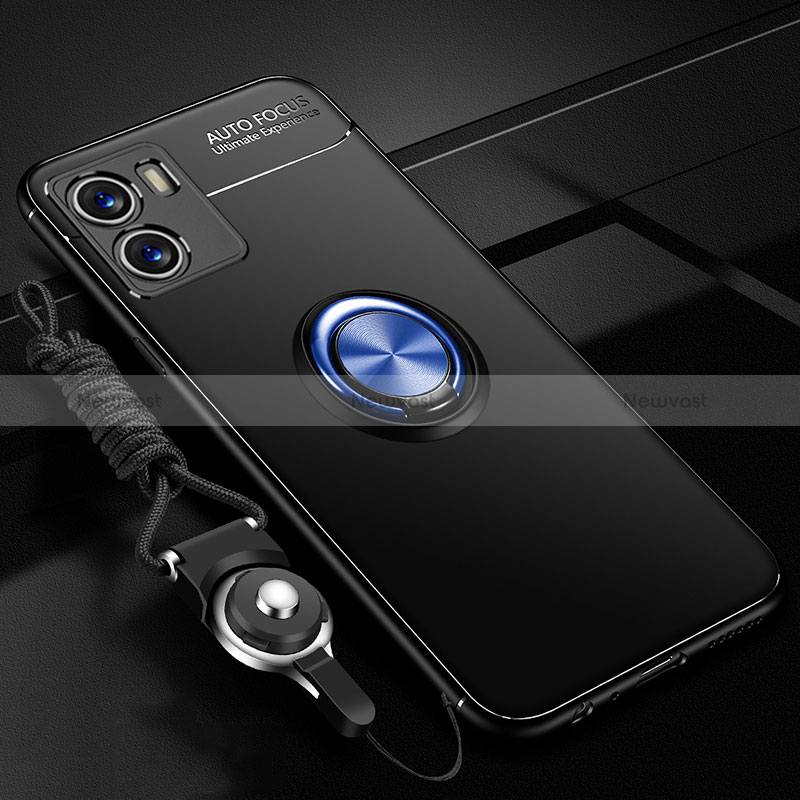 Ultra-thin Silicone Gel Soft Case Cover with Magnetic Finger Ring Stand SD3 for Vivo Y32t Blue and Black