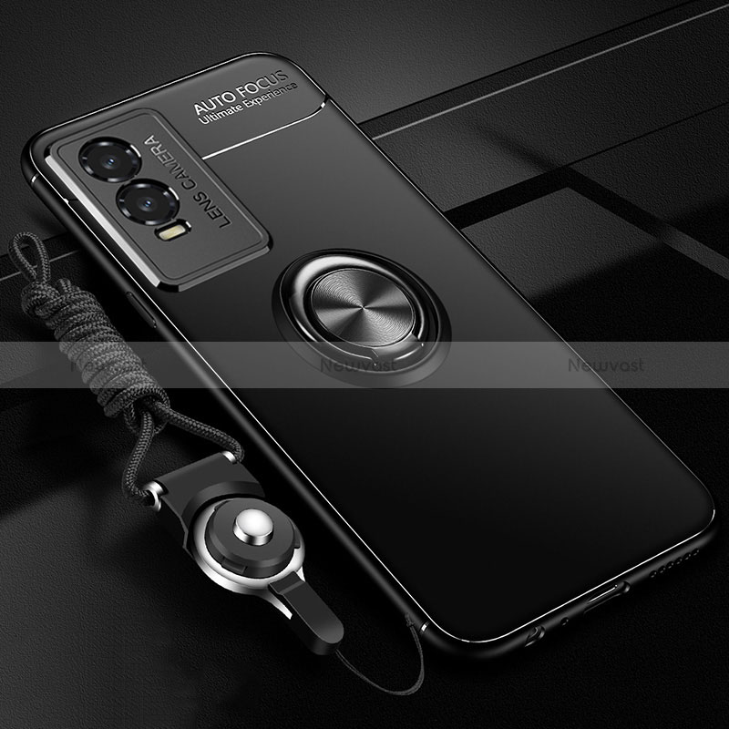 Ultra-thin Silicone Gel Soft Case Cover with Magnetic Finger Ring Stand SD3 for Vivo Y76s 5G Black