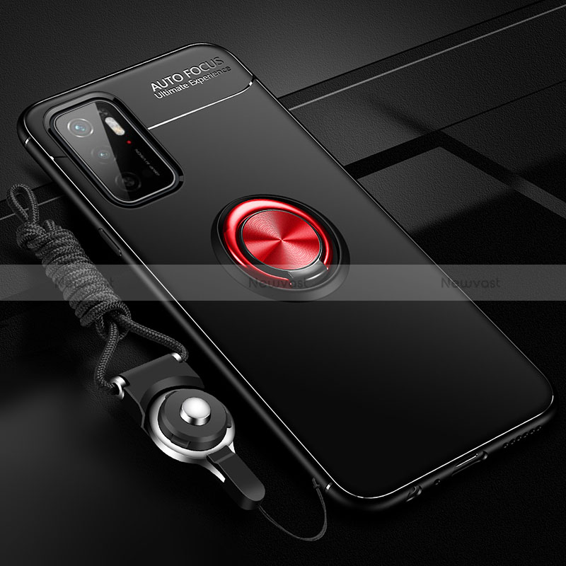 Ultra-thin Silicone Gel Soft Case Cover with Magnetic Finger Ring Stand SD3 for Xiaomi Redmi 10 5G Red and Black