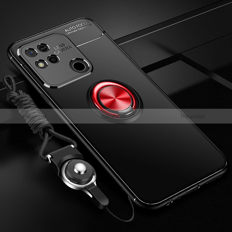 Ultra-thin Silicone Gel Soft Case Cover with Magnetic Finger Ring Stand SD3 for Xiaomi Redmi 9 Activ Red and Black