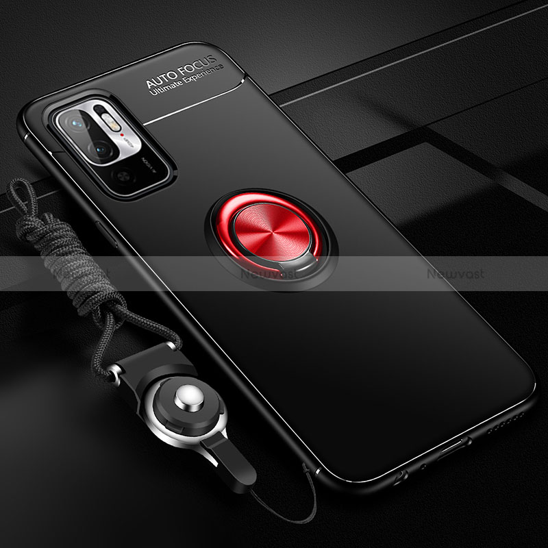 Ultra-thin Silicone Gel Soft Case Cover with Magnetic Finger Ring Stand SD3 for Xiaomi Redmi Note 10T 5G Red and Black