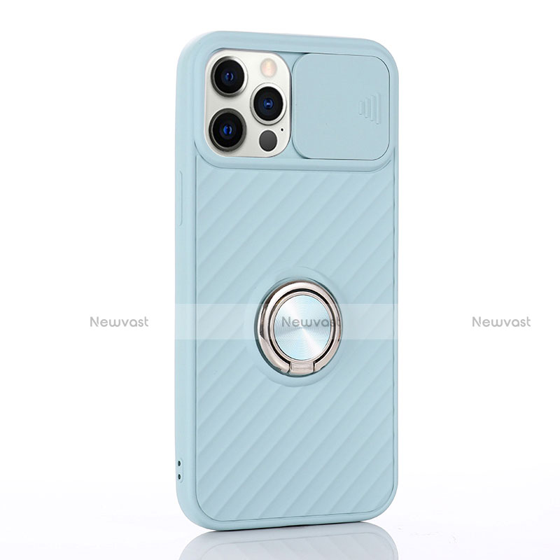 Ultra-thin Silicone Gel Soft Case Cover with Magnetic Finger Ring Stand T01 for Apple iPhone 12 Pro Max Mint Blue