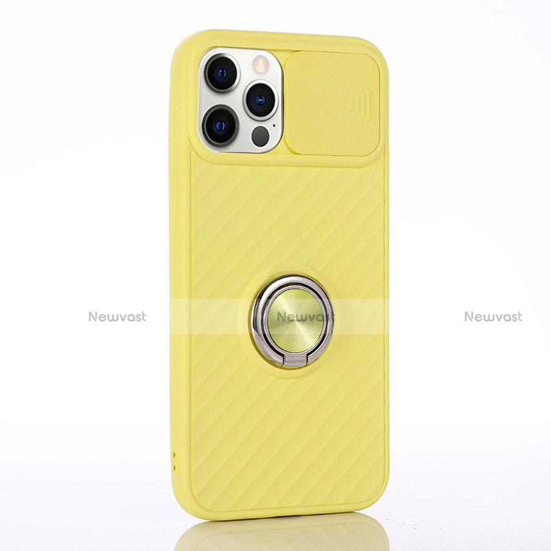 Ultra-thin Silicone Gel Soft Case Cover with Magnetic Finger Ring Stand T01 for Apple iPhone 12 Pro Max Yellow