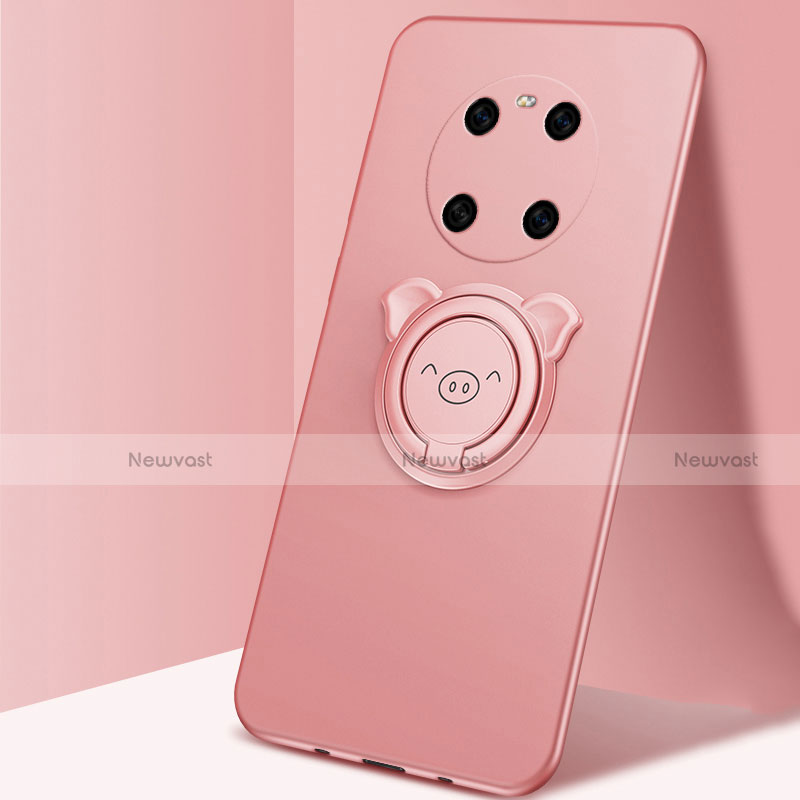 Ultra-thin Silicone Gel Soft Case Cover with Magnetic Finger Ring Stand T01 for Huawei Mate 40E 4G Rose Gold