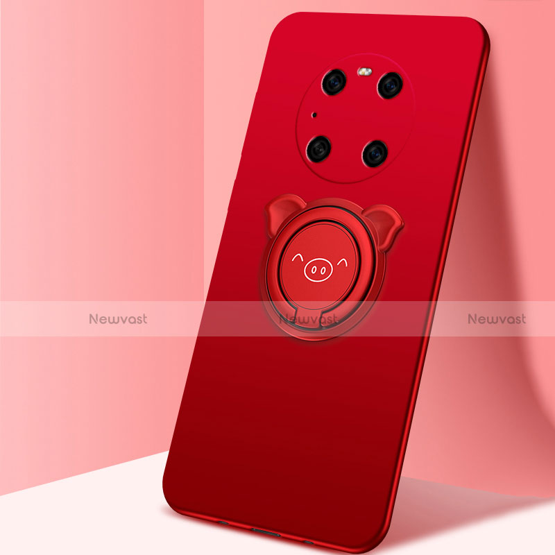 Ultra-thin Silicone Gel Soft Case Cover with Magnetic Finger Ring Stand T01 for Huawei Mate 40E Pro 4G Red