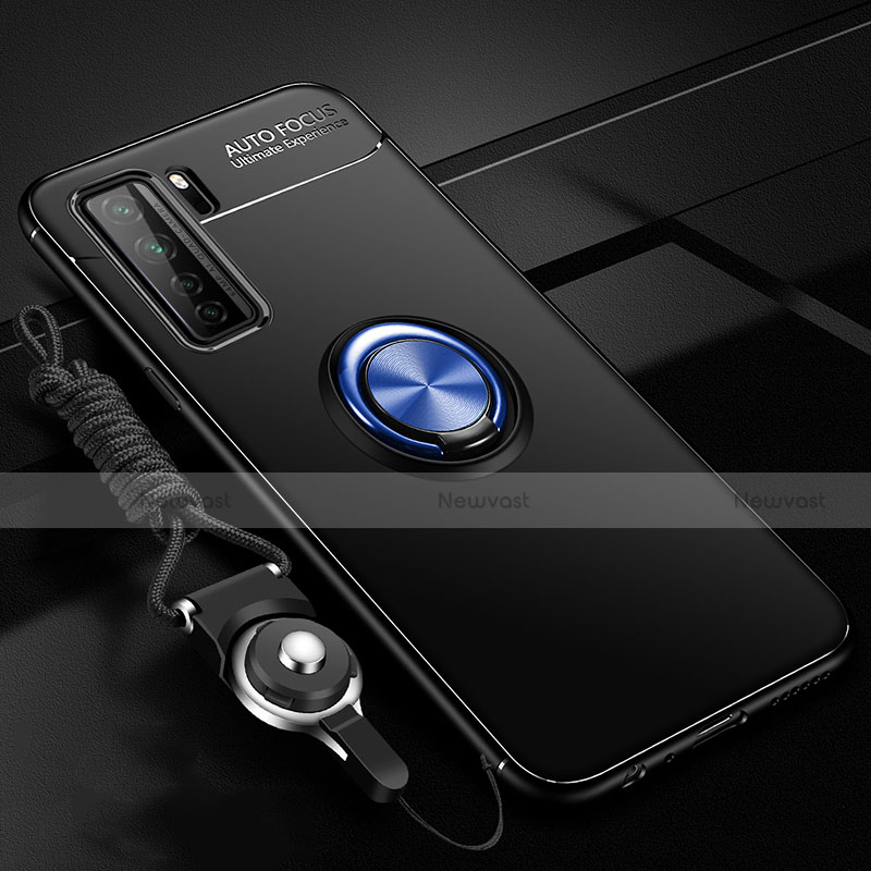 Ultra-thin Silicone Gel Soft Case Cover with Magnetic Finger Ring Stand T01 for Huawei Nova 7 SE 5G Blue and Black