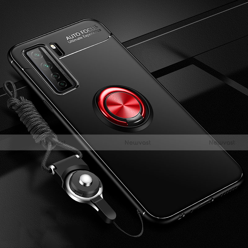 Ultra-thin Silicone Gel Soft Case Cover with Magnetic Finger Ring Stand T01 for Huawei Nova 7 SE 5G Red and Black