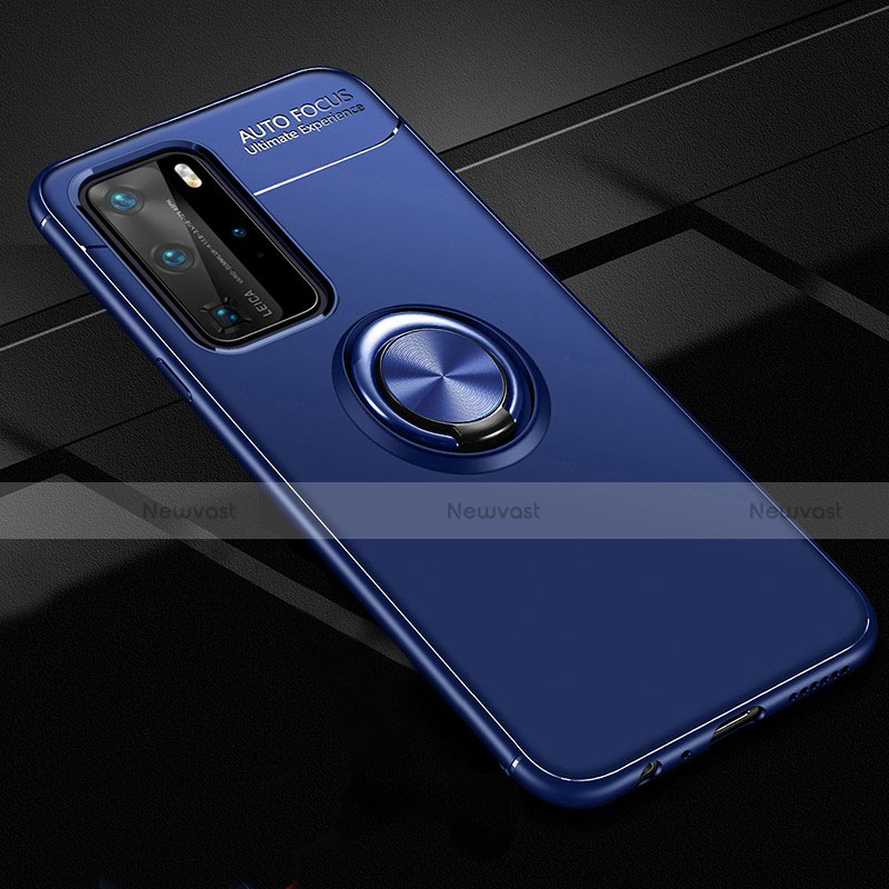 Ultra-thin Silicone Gel Soft Case Cover with Magnetic Finger Ring Stand T01 for Huawei P40 Pro Blue