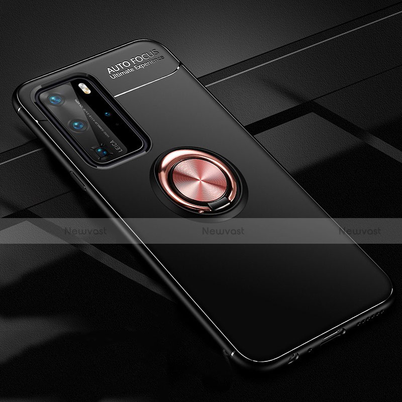 Ultra-thin Silicone Gel Soft Case Cover with Magnetic Finger Ring Stand T01 for Huawei P40 Pro Gold and Black