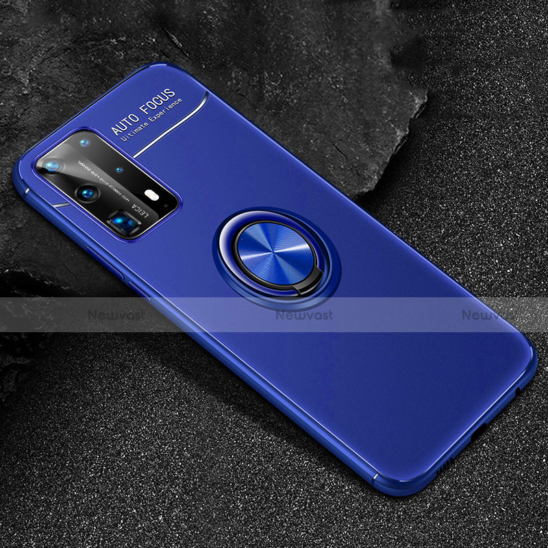 Ultra-thin Silicone Gel Soft Case Cover with Magnetic Finger Ring Stand T01 for Huawei P40 Pro+ Plus Blue