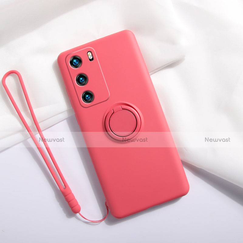 Ultra-thin Silicone Gel Soft Case Cover with Magnetic Finger Ring Stand T01 for Huawei P40 Red