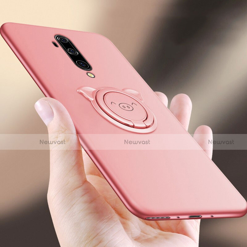 Ultra-thin Silicone Gel Soft Case Cover with Magnetic Finger Ring Stand T01 for OnePlus 7T Pro Pink