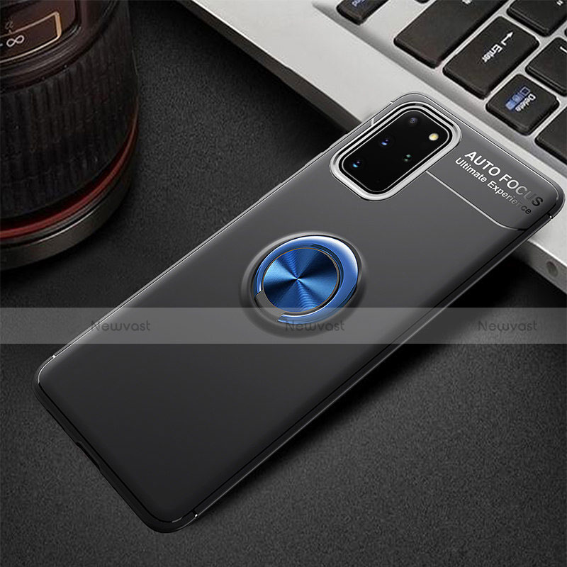 Ultra-thin Silicone Gel Soft Case Cover with Magnetic Finger Ring Stand T01 for Samsung Galaxy S20 Plus 5G Blue and Black