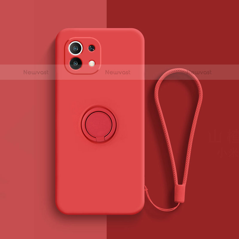 Ultra-thin Silicone Gel Soft Case Cover with Magnetic Finger Ring Stand T01 for Xiaomi Mi 11 5G Red