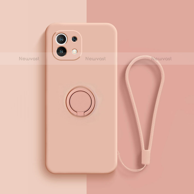 Ultra-thin Silicone Gel Soft Case Cover with Magnetic Finger Ring Stand T01 for Xiaomi Mi 11 Lite 4G Pink