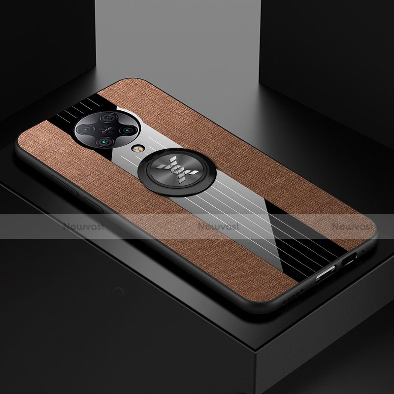 Ultra-thin Silicone Gel Soft Case Cover with Magnetic Finger Ring Stand T01 for Xiaomi Poco F2 Pro Brown
