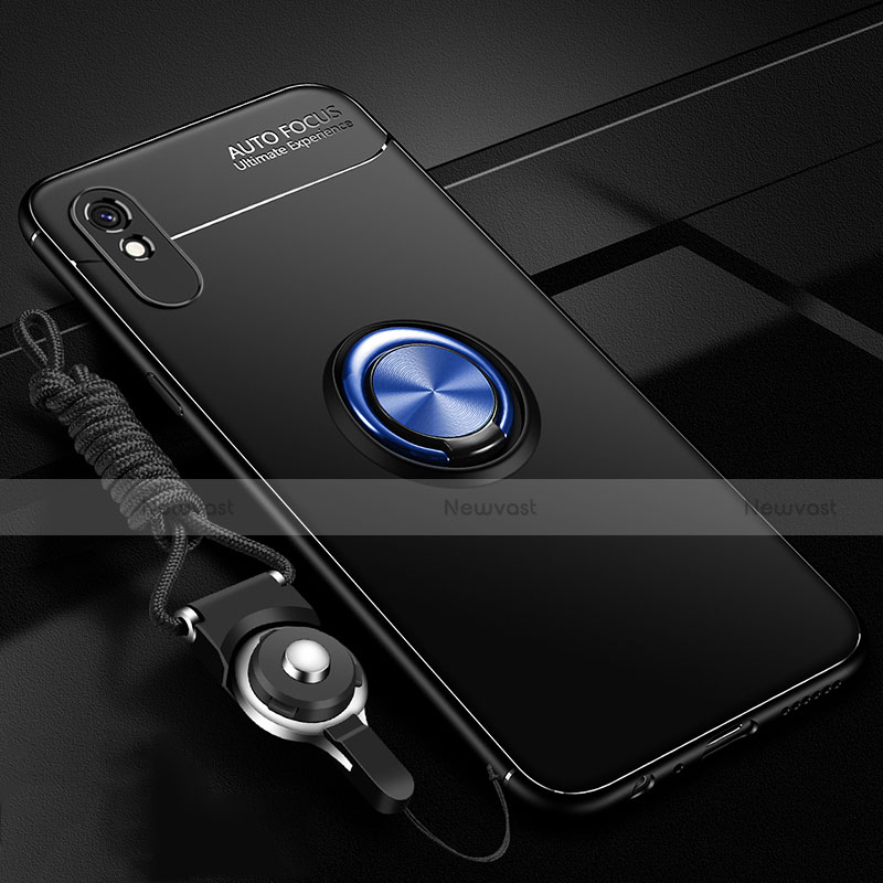 Ultra-thin Silicone Gel Soft Case Cover with Magnetic Finger Ring Stand T01 for Xiaomi Redmi 9A Blue and Black
