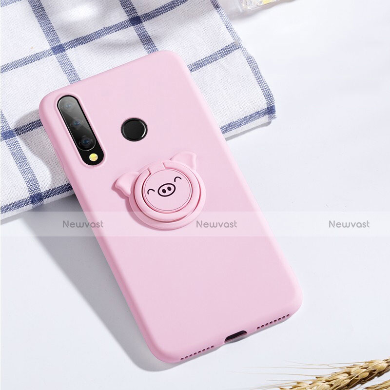 Ultra-thin Silicone Gel Soft Case Cover with Magnetic Finger Ring Stand T02 for Huawei Honor 20E Pink