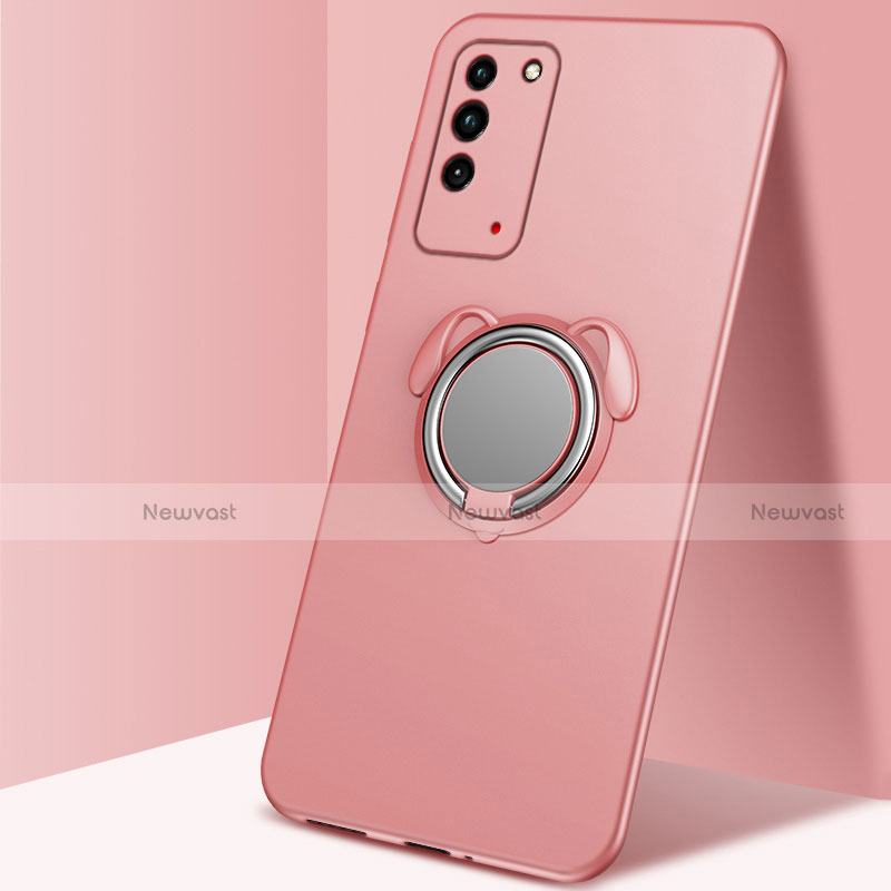 Ultra-thin Silicone Gel Soft Case Cover with Magnetic Finger Ring Stand T02 for Huawei Honor X10 5G Rose Gold