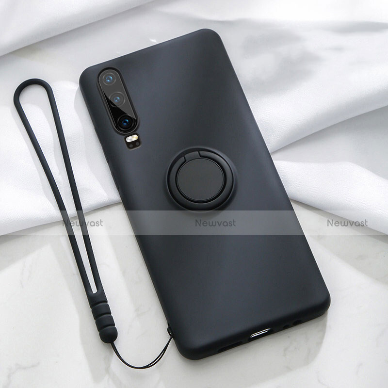 Ultra-thin Silicone Gel Soft Case Cover with Magnetic Finger Ring Stand T02 for Huawei P30 Black