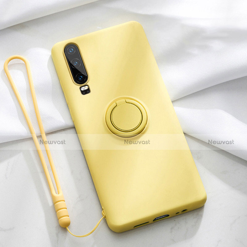 Ultra-thin Silicone Gel Soft Case Cover with Magnetic Finger Ring Stand T02 for Huawei P30 Yellow