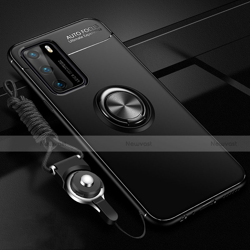 Ultra-thin Silicone Gel Soft Case Cover with Magnetic Finger Ring Stand T02 for Huawei P40 Black