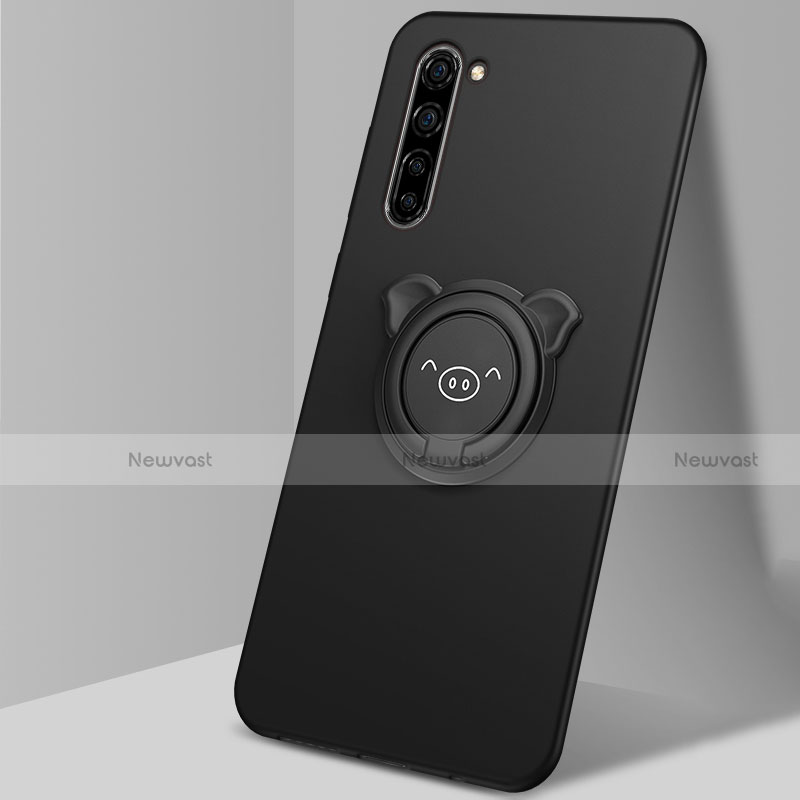 Ultra-thin Silicone Gel Soft Case Cover with Magnetic Finger Ring Stand T02 for Oppo Reno3 Black