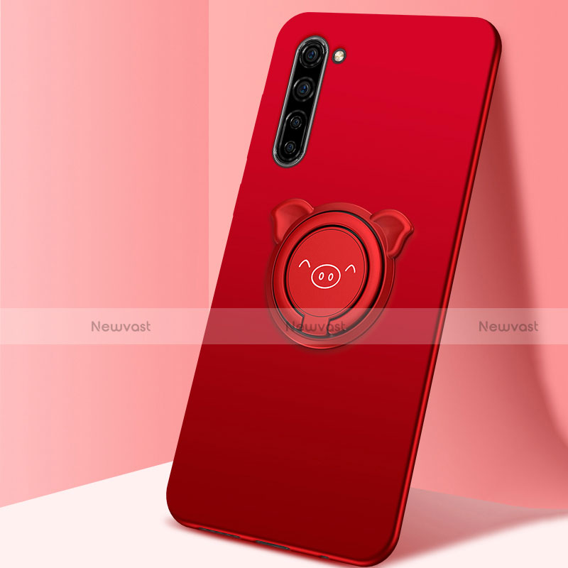 Ultra-thin Silicone Gel Soft Case Cover with Magnetic Finger Ring Stand T02 for Oppo Reno3 Red