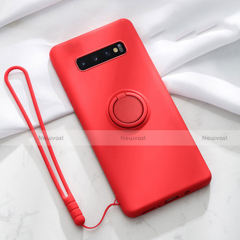 Ultra-thin Silicone Gel Soft Case Cover with Magnetic Finger Ring Stand T02 for Samsung Galaxy S10 5G Red