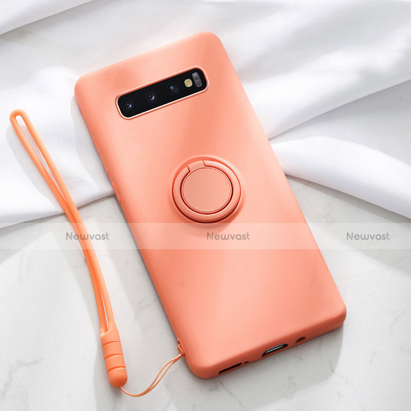 Ultra-thin Silicone Gel Soft Case Cover with Magnetic Finger Ring Stand T02 for Samsung Galaxy S10 Orange