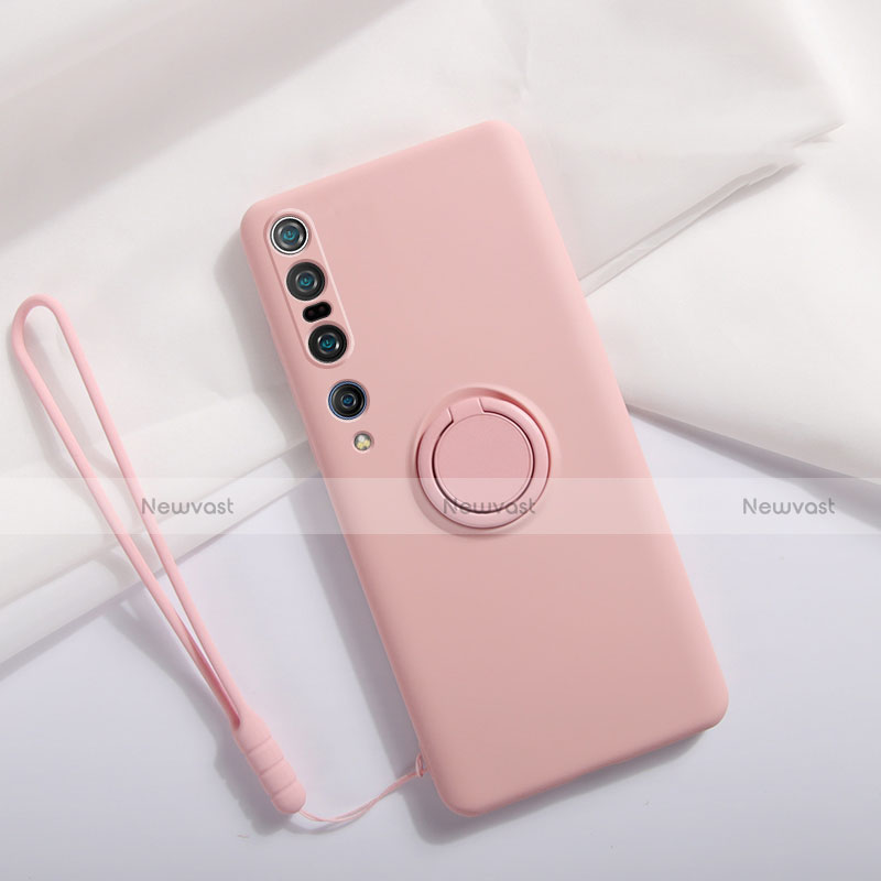 Ultra-thin Silicone Gel Soft Case Cover with Magnetic Finger Ring Stand T02 for Xiaomi Mi 10 Pro Pink