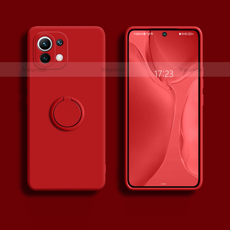 Ultra-thin Silicone Gel Soft Case Cover with Magnetic Finger Ring Stand T02 for Xiaomi Mi 11 Lite 5G NE Red