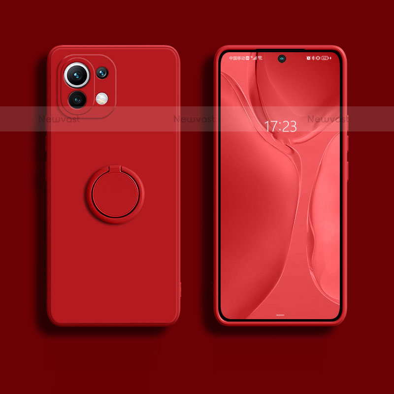 Ultra-thin Silicone Gel Soft Case Cover with Magnetic Finger Ring Stand T02 for Xiaomi Mi 11 Lite 5G Red