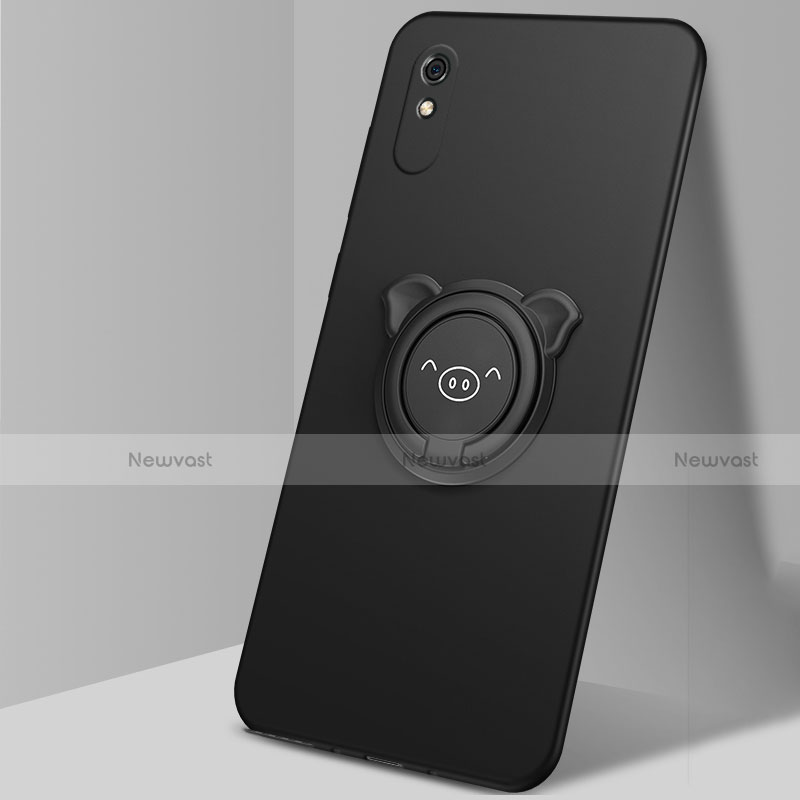 Ultra-thin Silicone Gel Soft Case Cover with Magnetic Finger Ring Stand T02 for Xiaomi Redmi 9i Black