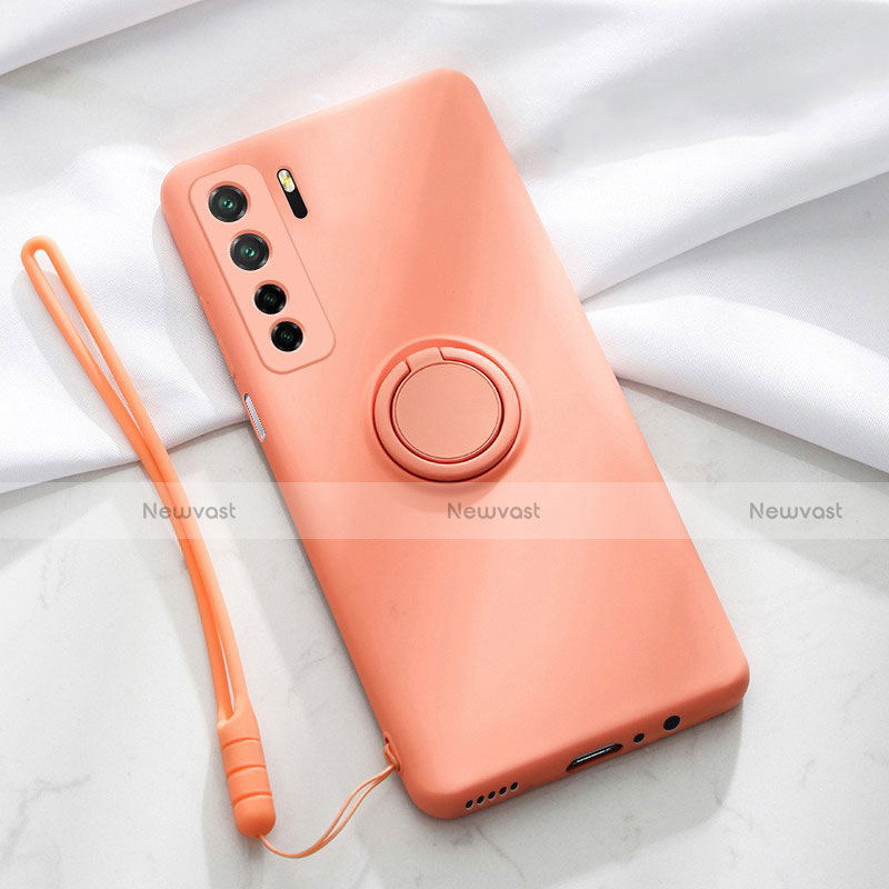 Ultra-thin Silicone Gel Soft Case Cover with Magnetic Finger Ring Stand T03 for Huawei Nova 7 SE 5G