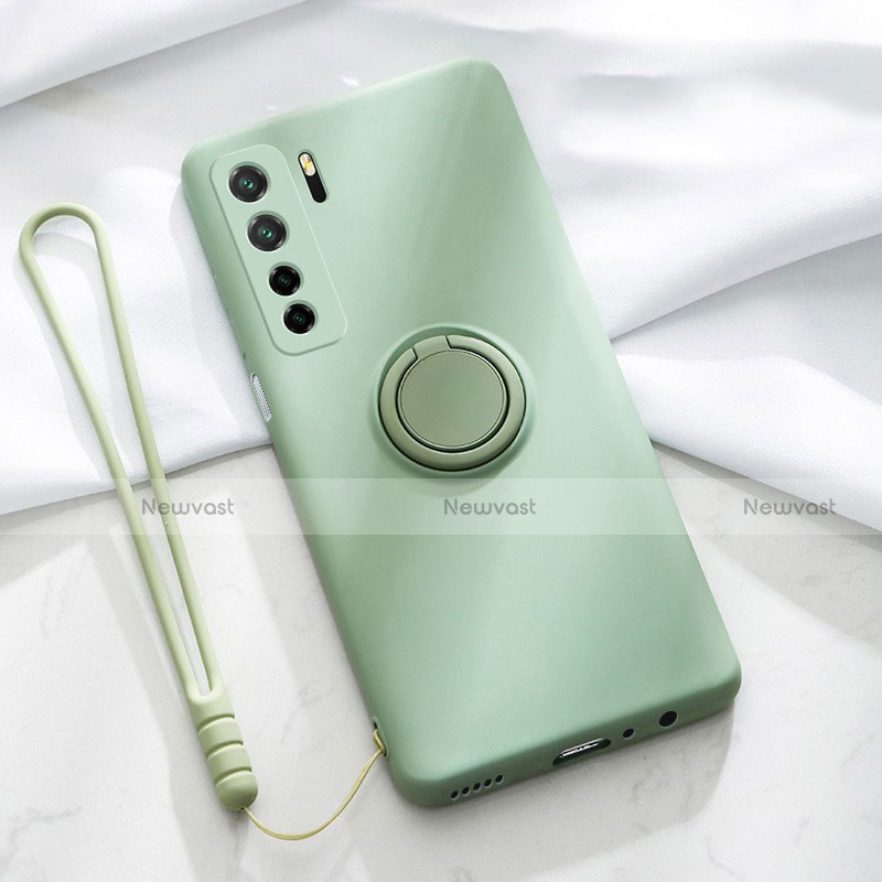 Ultra-thin Silicone Gel Soft Case Cover with Magnetic Finger Ring Stand T03 for Huawei Nova 7 SE 5G Cyan