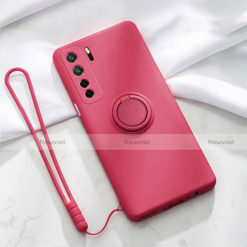 Ultra-thin Silicone Gel Soft Case Cover with Magnetic Finger Ring Stand T03 for Huawei Nova 7 SE 5G Red Wine