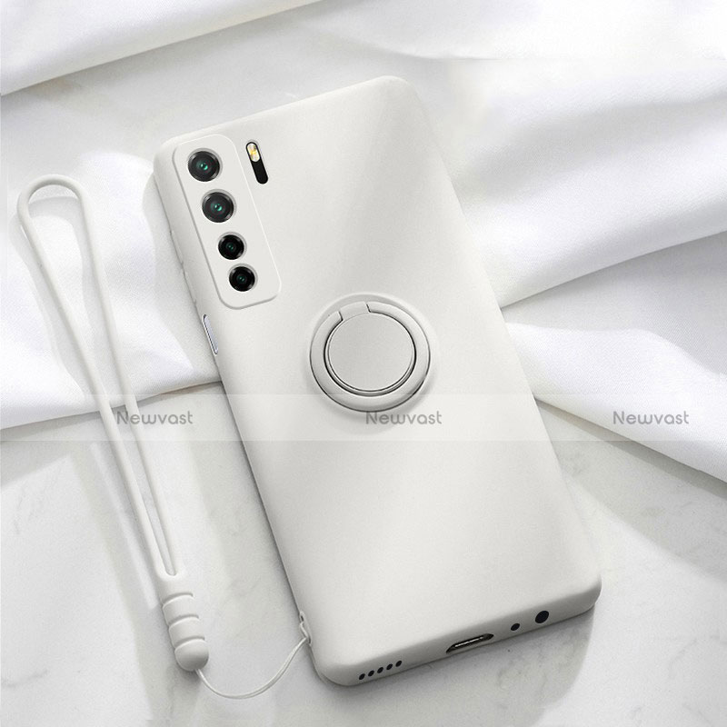 Ultra-thin Silicone Gel Soft Case Cover with Magnetic Finger Ring Stand T03 for Huawei Nova 7 SE 5G White