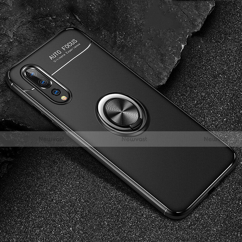 Ultra-thin Silicone Gel Soft Case Cover with Magnetic Finger Ring Stand T03 for Huawei P20 Pro Black