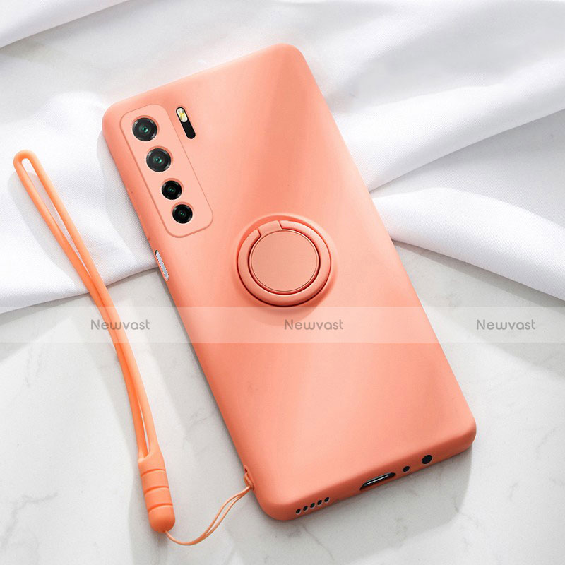 Ultra-thin Silicone Gel Soft Case Cover with Magnetic Finger Ring Stand T03 for Huawei P40 Lite 5G Orange