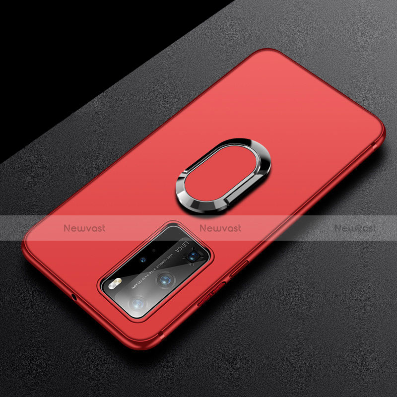 Ultra-thin Silicone Gel Soft Case Cover with Magnetic Finger Ring Stand T03 for Huawei P40 Pro Red