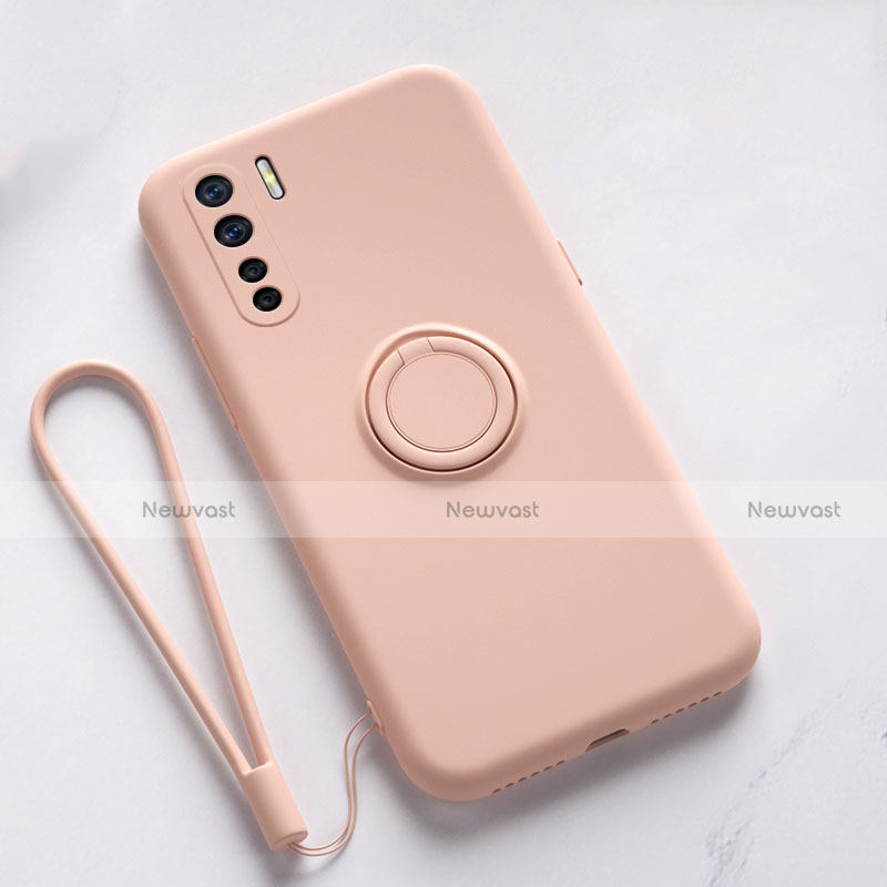 Ultra-thin Silicone Gel Soft Case Cover with Magnetic Finger Ring Stand T03 for Oppo A91 Pink