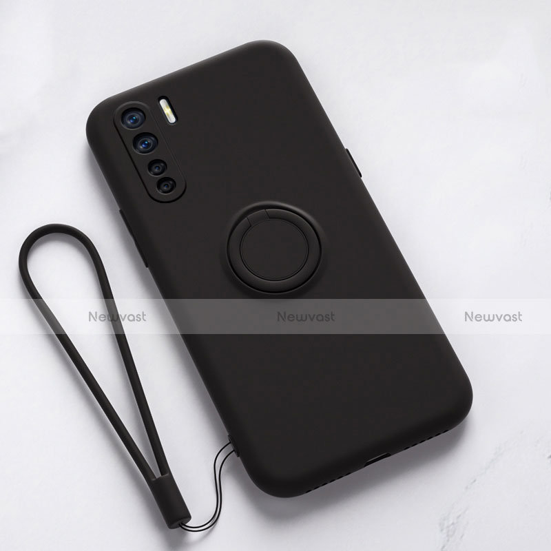 Ultra-thin Silicone Gel Soft Case Cover with Magnetic Finger Ring Stand T03 for Oppo F15 Black